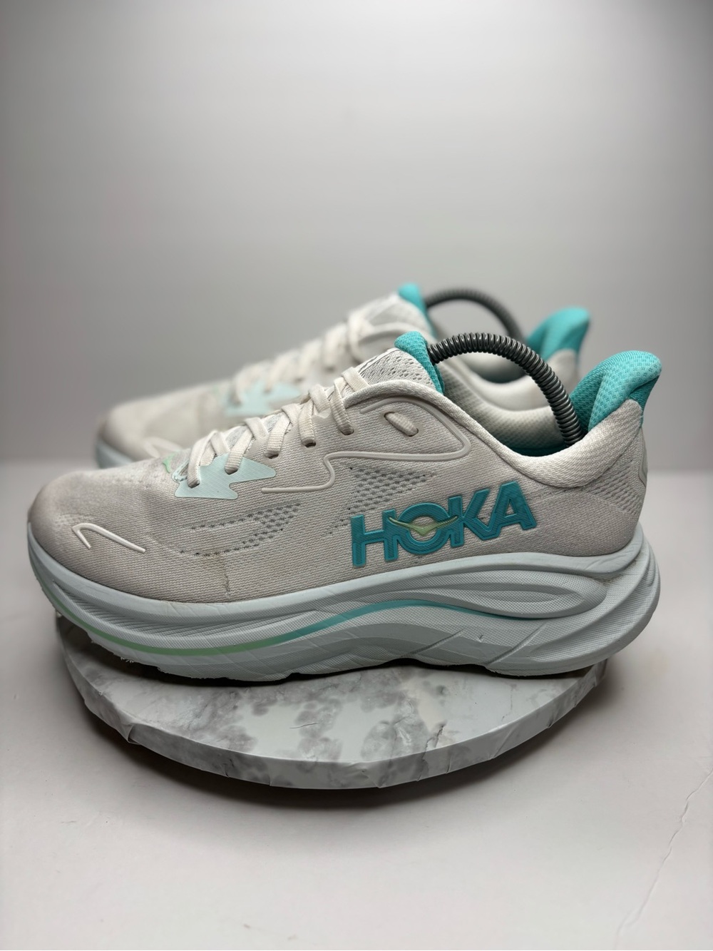 Size 10.5- HOKA Women's Clifton 10 running shoes in the white and cielo blue